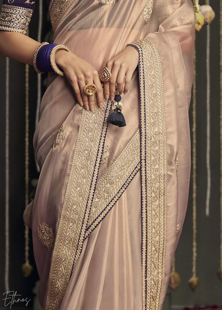 Rose Pink Metallic Embroidered Organza Silk Saree