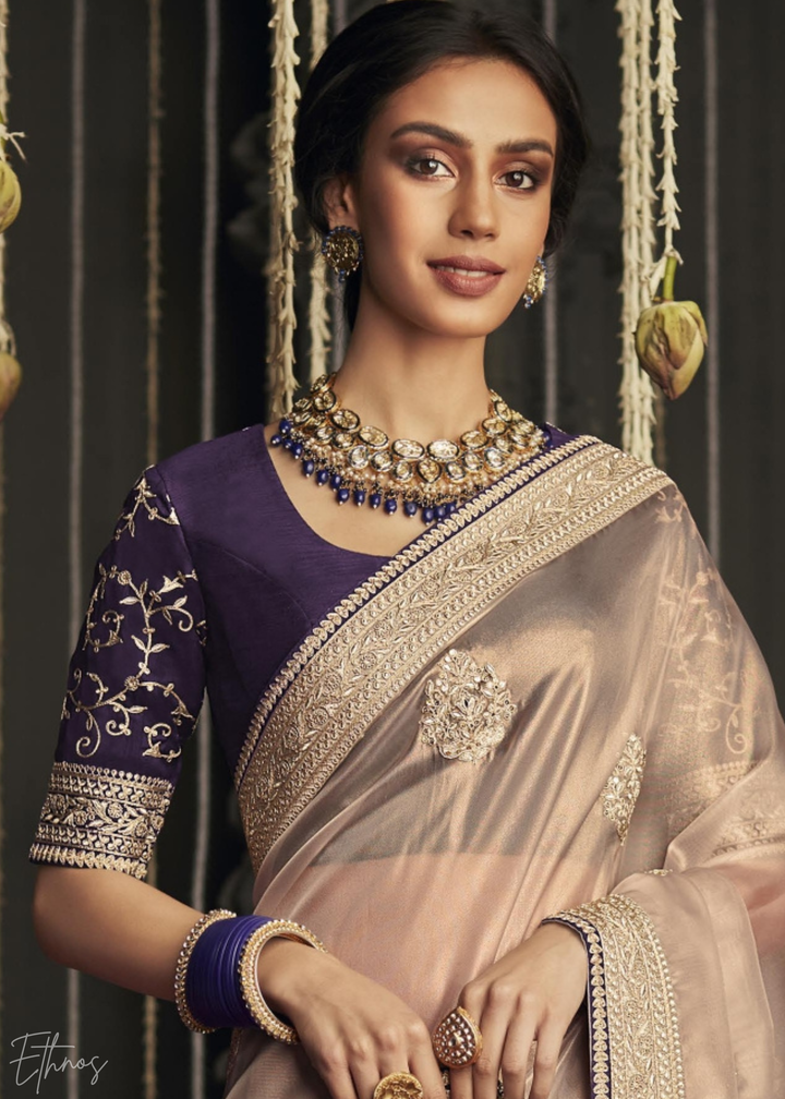Rose Pink Metallic Embroidered Organza Silk Saree