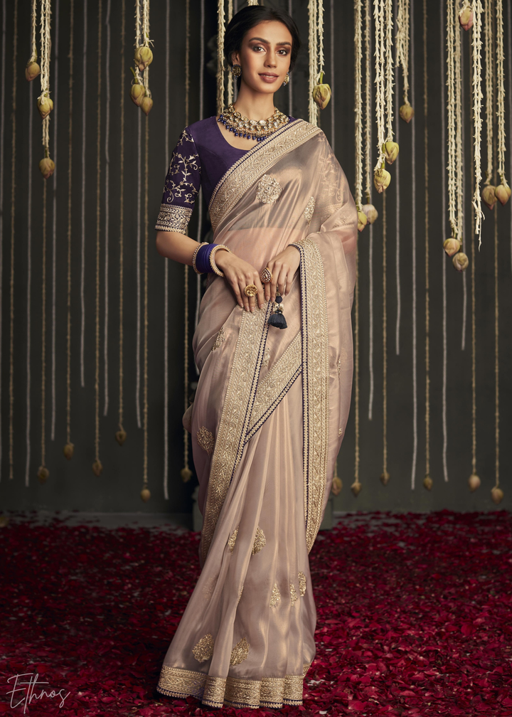 Rose Pink Metallic Embroidered Organza Silk Saree