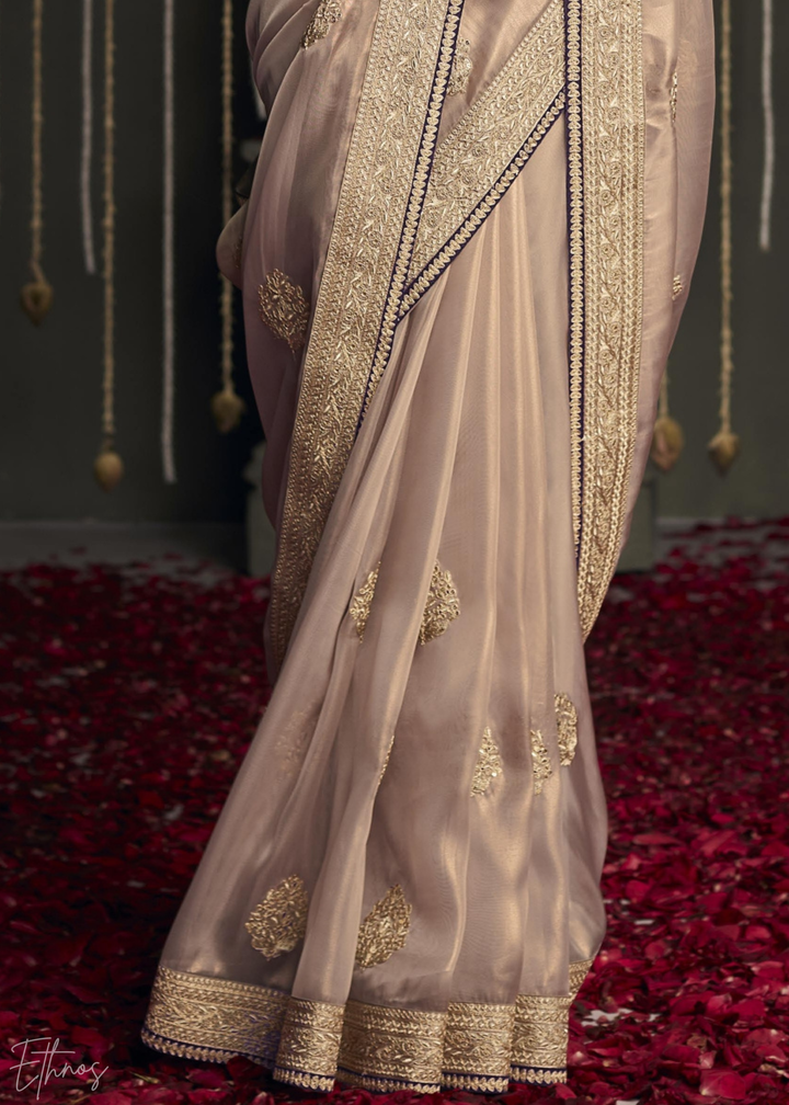 Rose Pink Metallic Embroidered Organza Silk Saree