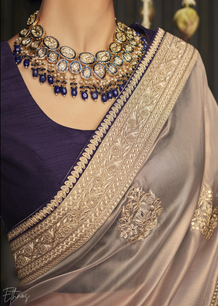 Rose Pink Metallic Embroidered Organza Silk Saree