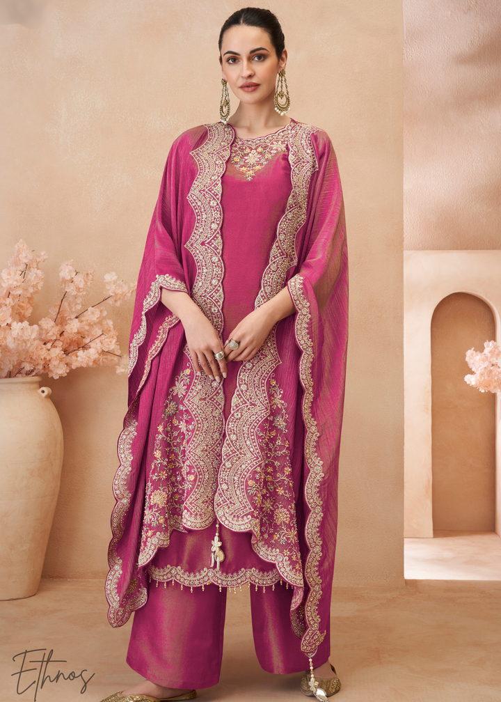 Rose Pink Simar Silk Kaftaan Plazzo Suit