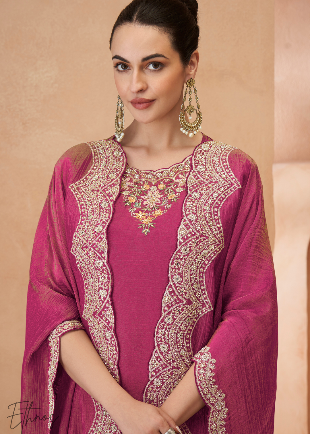Rose Pink Simar Silk Kaftaan Plazzo Suit