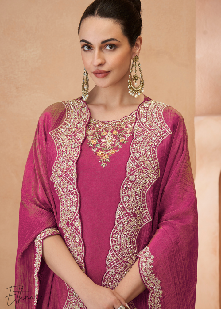 Rose Pink Simar Silk Kaftaan Plazzo Suit