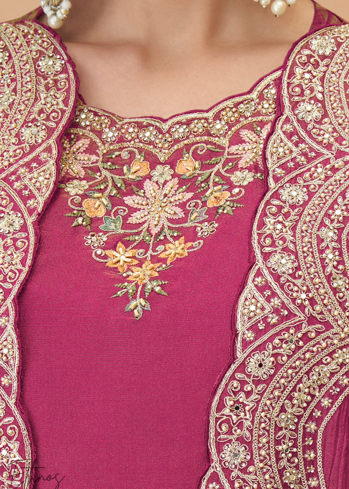 Rose Pink Simar Silk Kaftaan Plazzo Suit