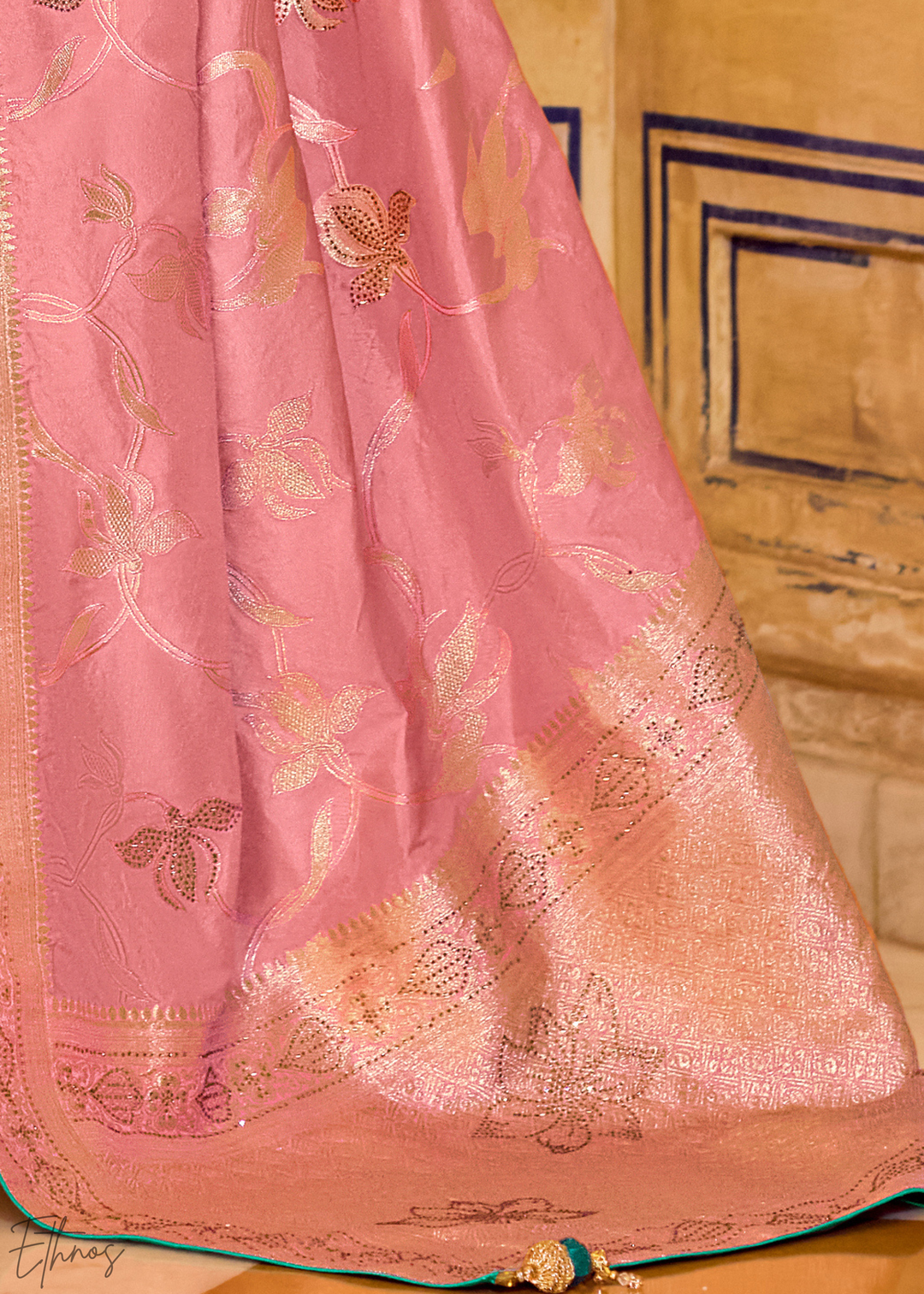 Rose Pink Zari Crepe Silk Saree