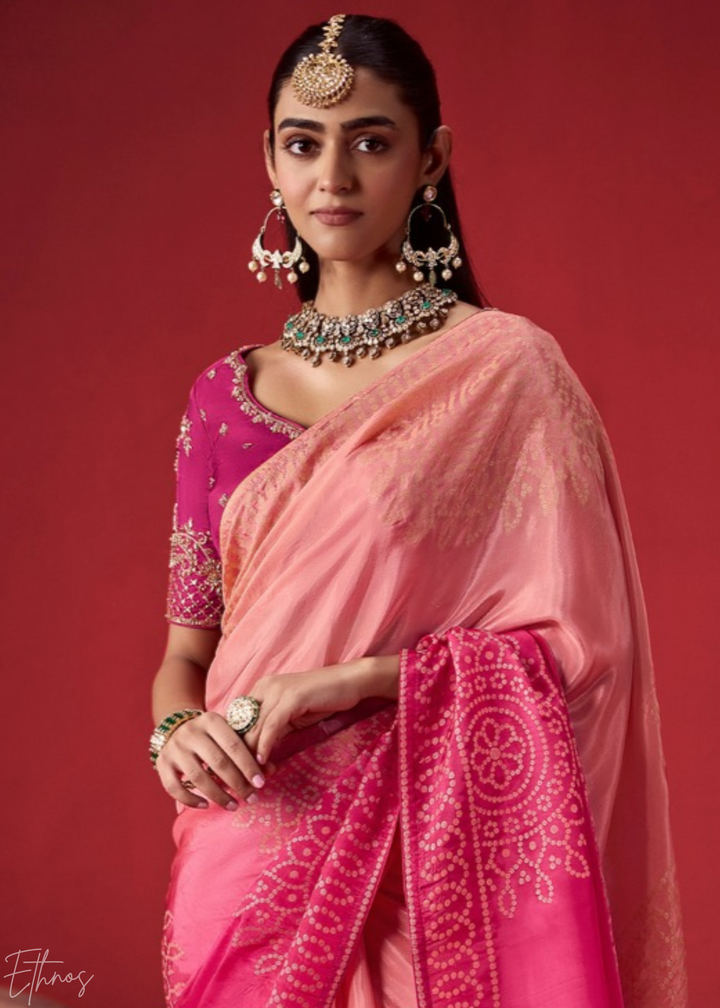 Rose Textured Chevron Ombre Dola Silk Saree