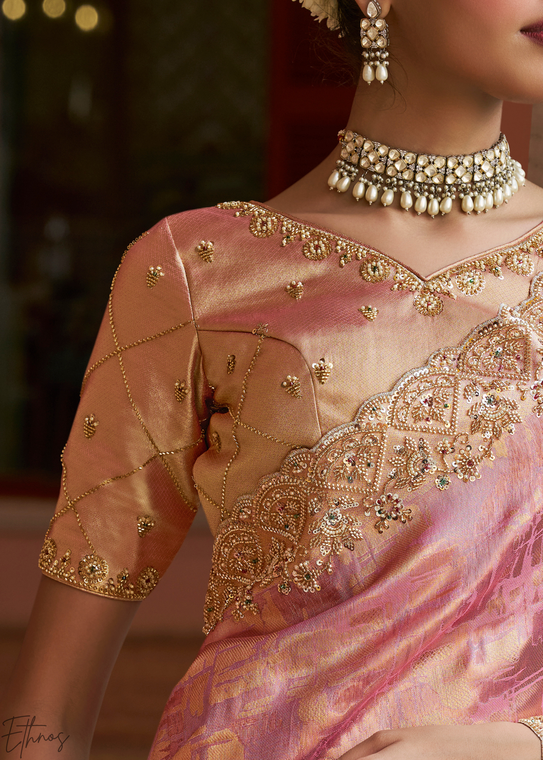 Rosewood Pink Artisanal Scallop Cutbead Border Kanjivaram Silk Saree