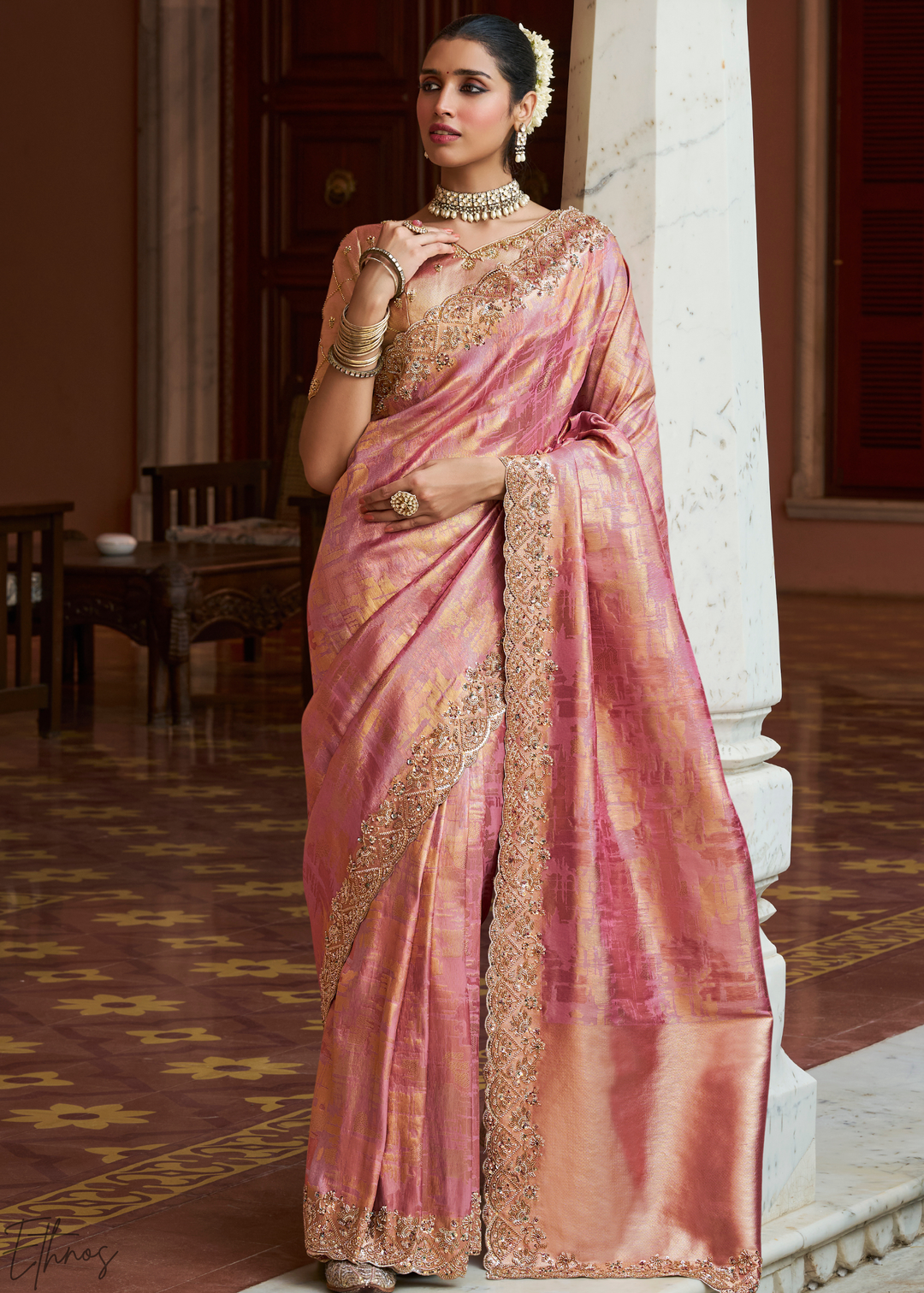 Rosewood Pink Artisanal Scallop Cutbead Border Kanjivaram Silk Saree