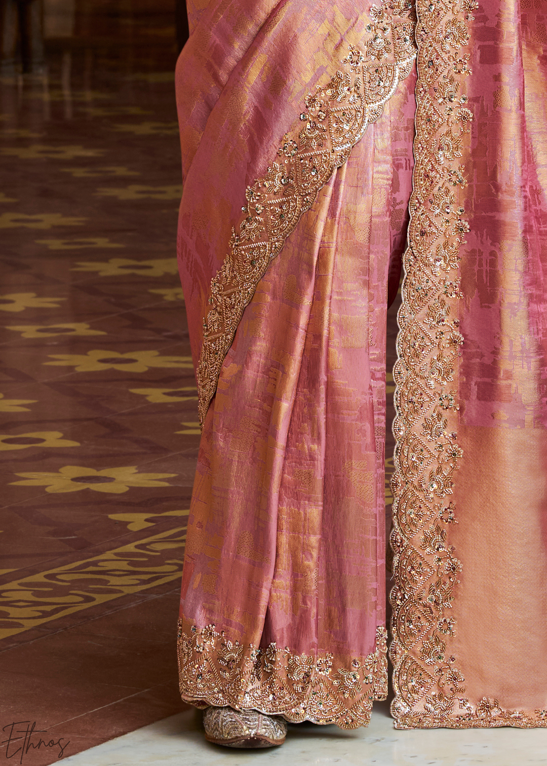Rosewood Pink Artisanal Scallop Cutbead Border Kanjivaram Silk Saree