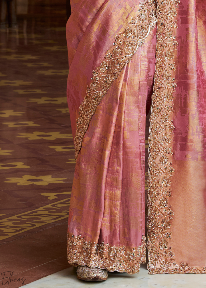 Rosewood Pink Artisanal Scallop Cutbead Border Kanjivaram Silk Saree