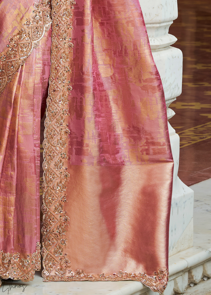 Rosewood Pink Artisanal Scallop Cutbead Border Kanjivaram Silk Saree