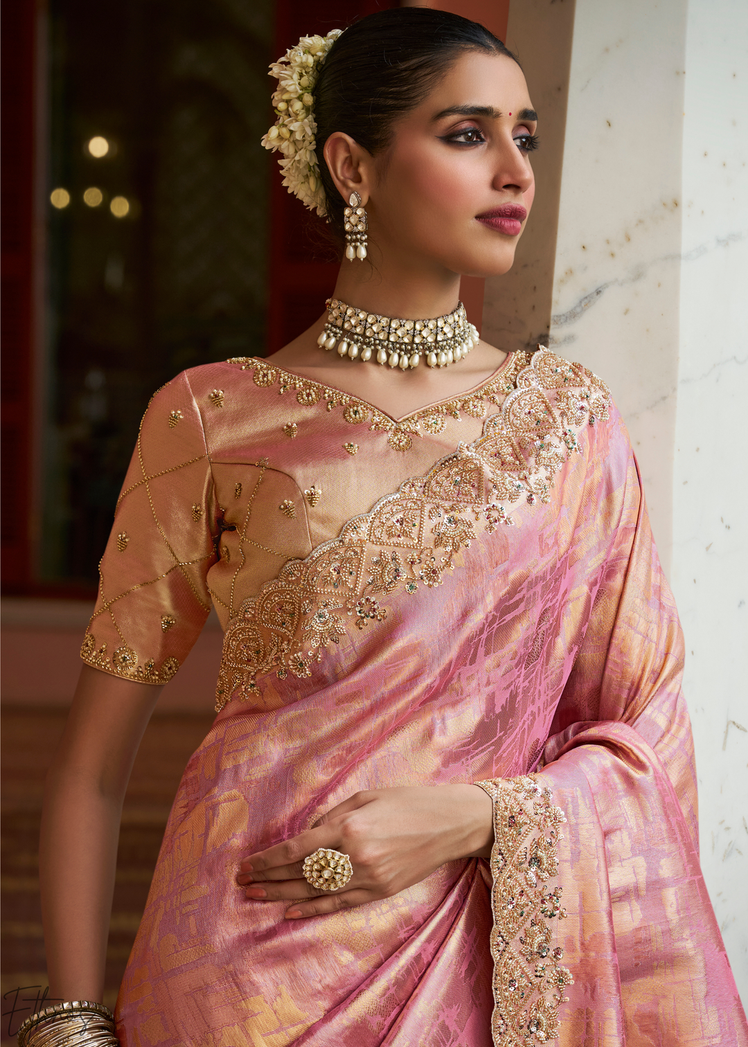 Rosewood Pink Artisanal Scallop Cutbead Border Kanjivaram Silk Saree