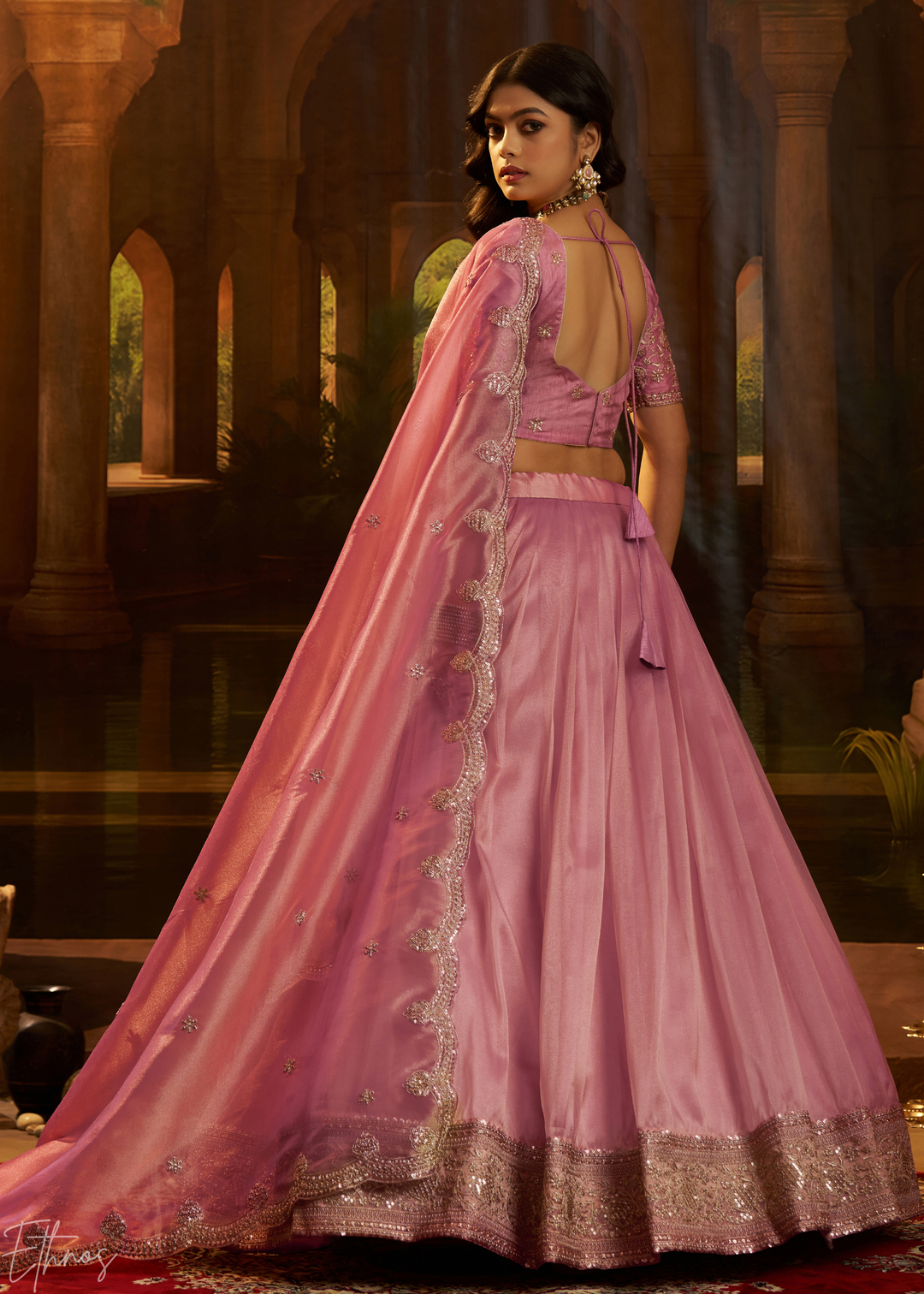 Rosewood Pink Floral-Embroidered Organza Lehenga Set