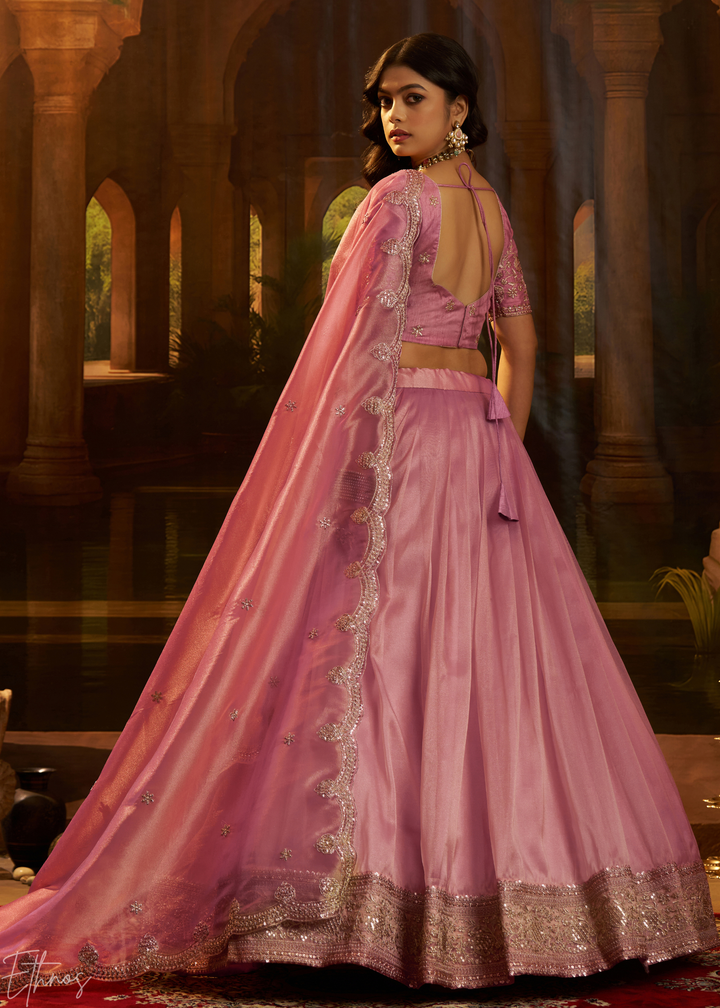 Rosewood Pink Floral-Embroidered Organza Lehenga Set