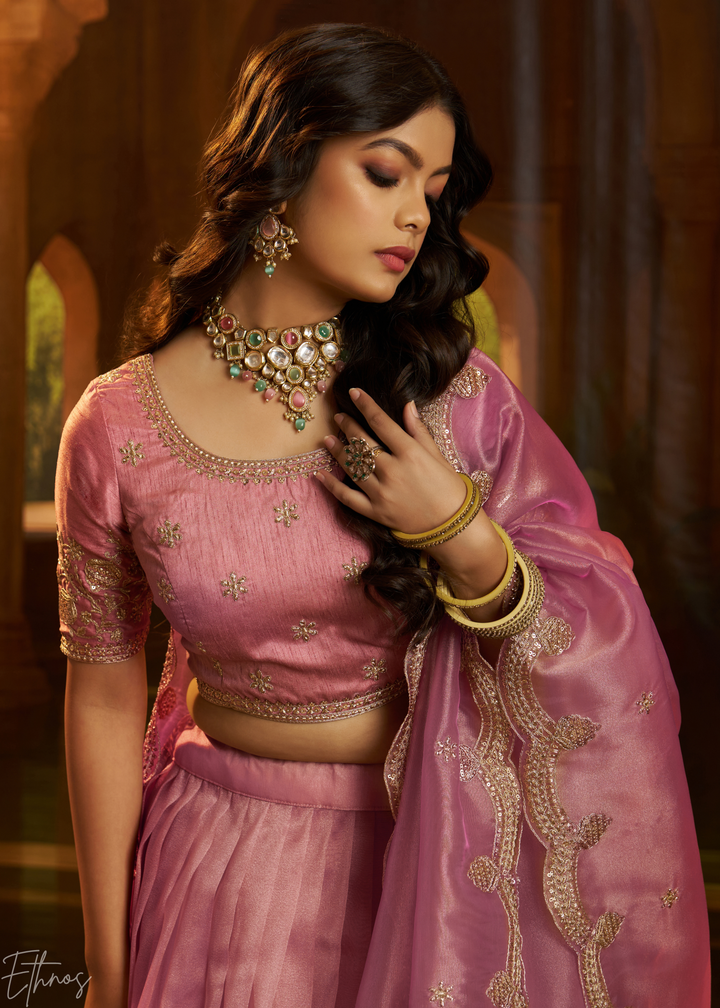 Rosewood Pink Floral-Embroidered Organza Lehenga Set