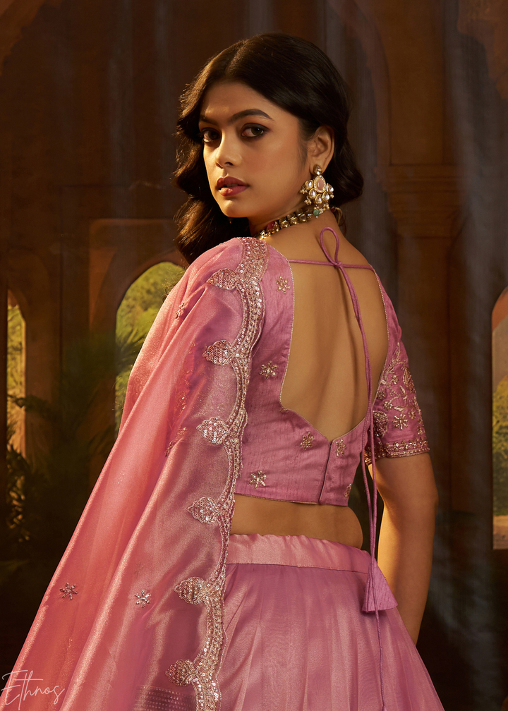 Rosewood Pink Floral-Embroidered Organza Lehenga Set