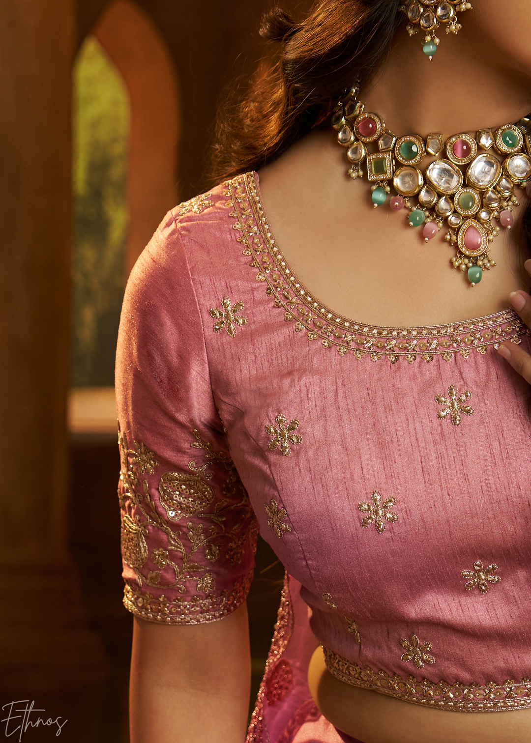 Rosewood Pink Floral-Embroidered Organza Lehenga Set
