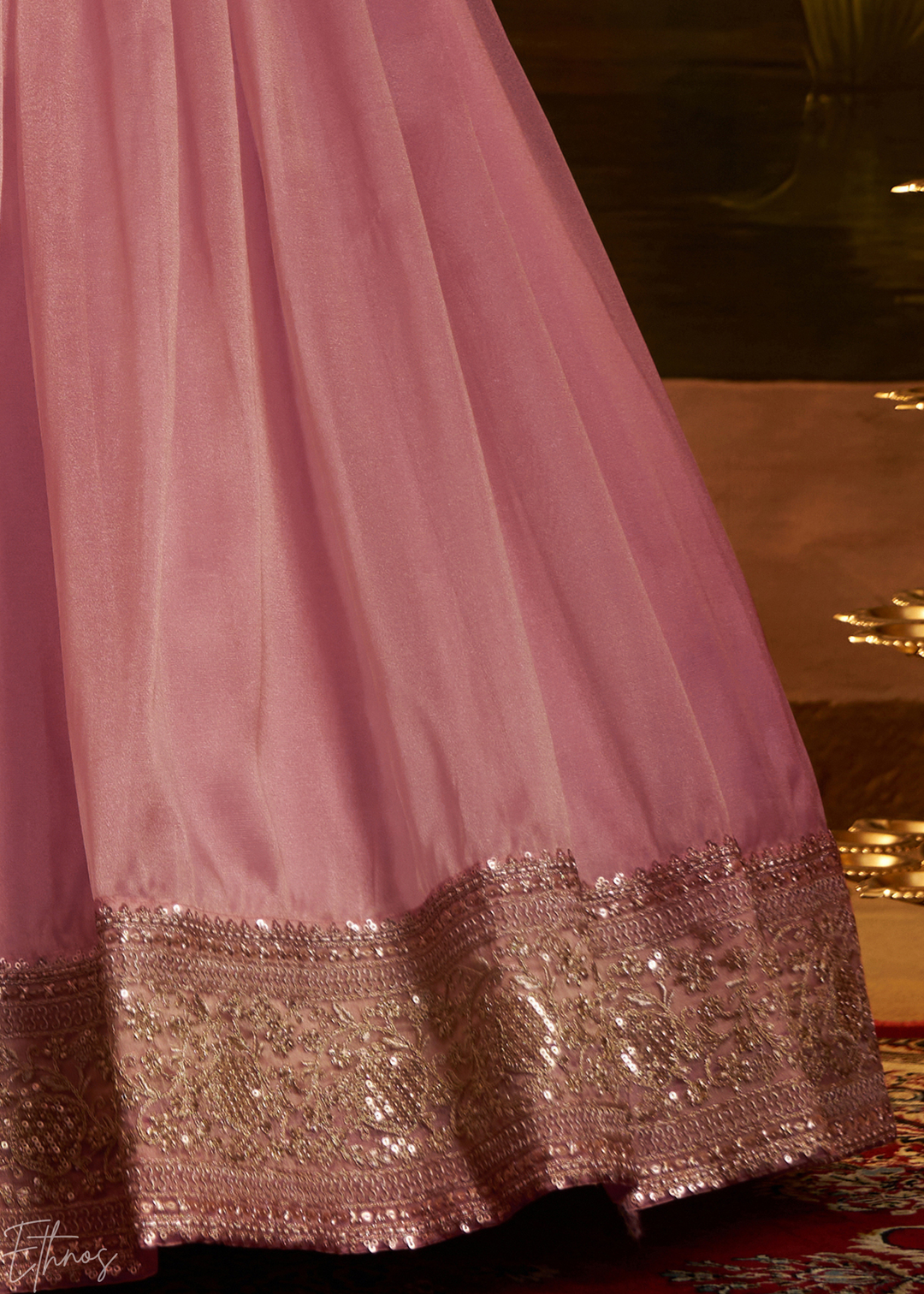 Rosewood Pink Floral-Embroidered Organza Lehenga Set