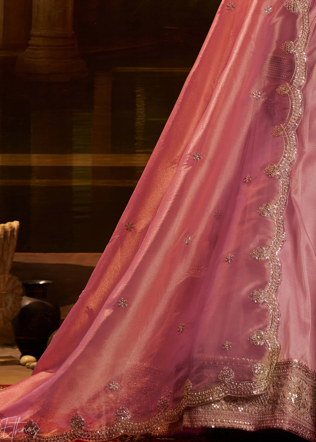 Rosewood Pink Floral-Embroidered Organza Lehenga Set