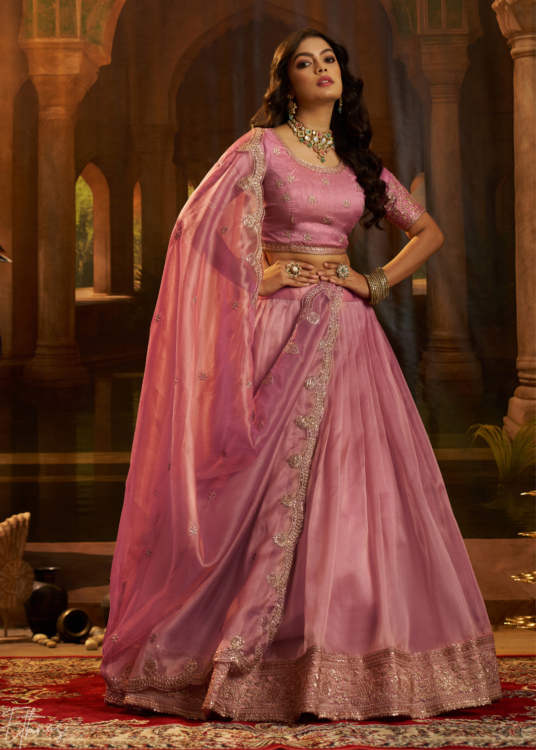 Rosewood Pink Floral-Embroidered Organza Lehenga Set