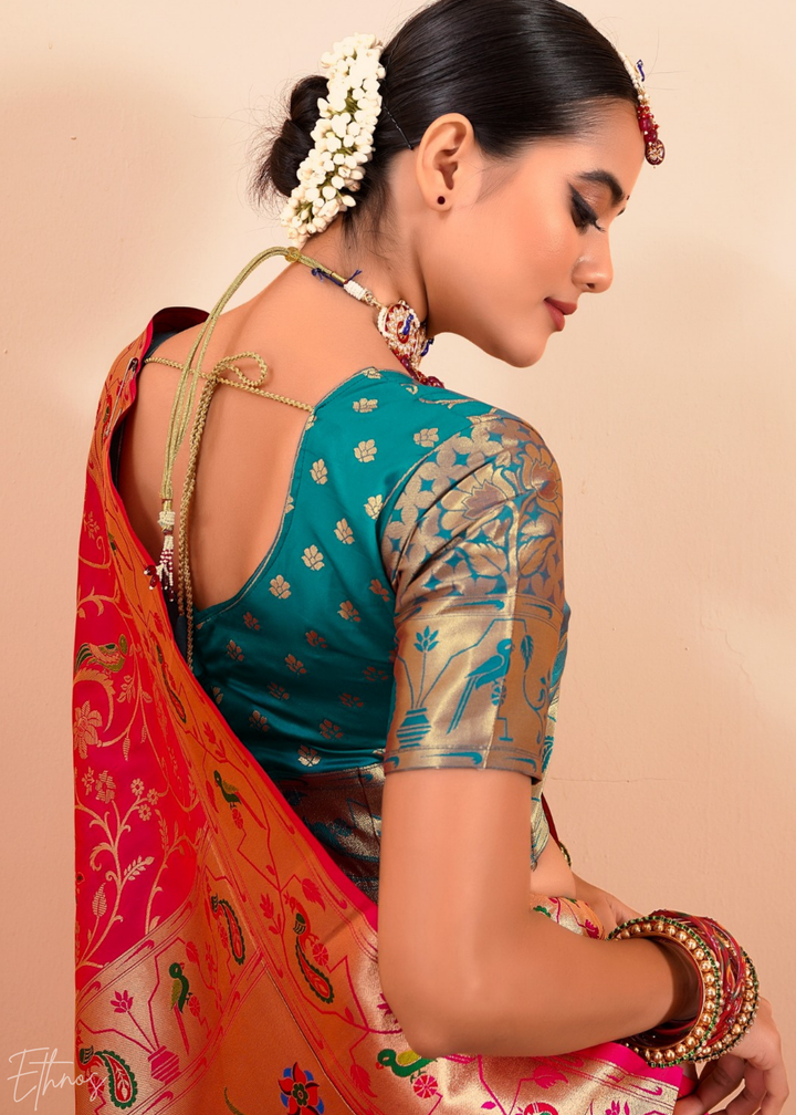 Rosewood Pink Menagerie Paithani Silk Saree