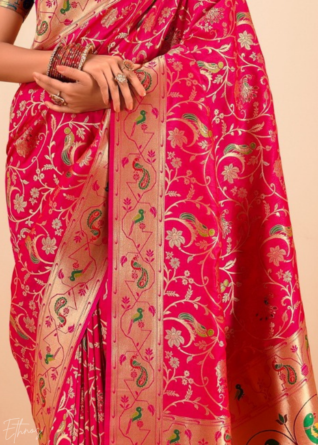 Rosewood Pink Menagerie Paithani Silk Saree