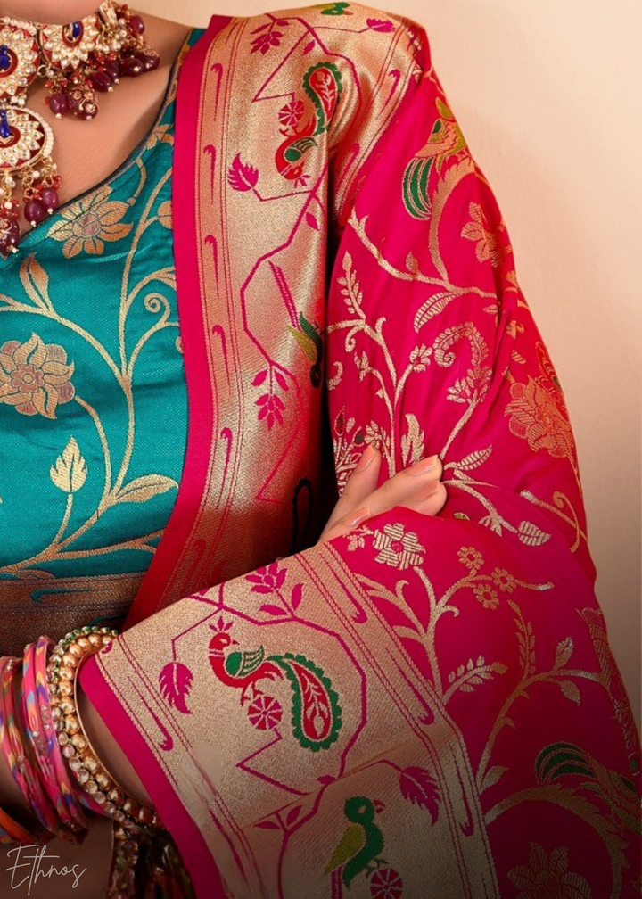 Rosewood Pink Menagerie Paithani Silk Saree