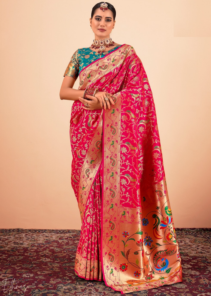 Rosewood Pink Menagerie Paithani Silk Saree