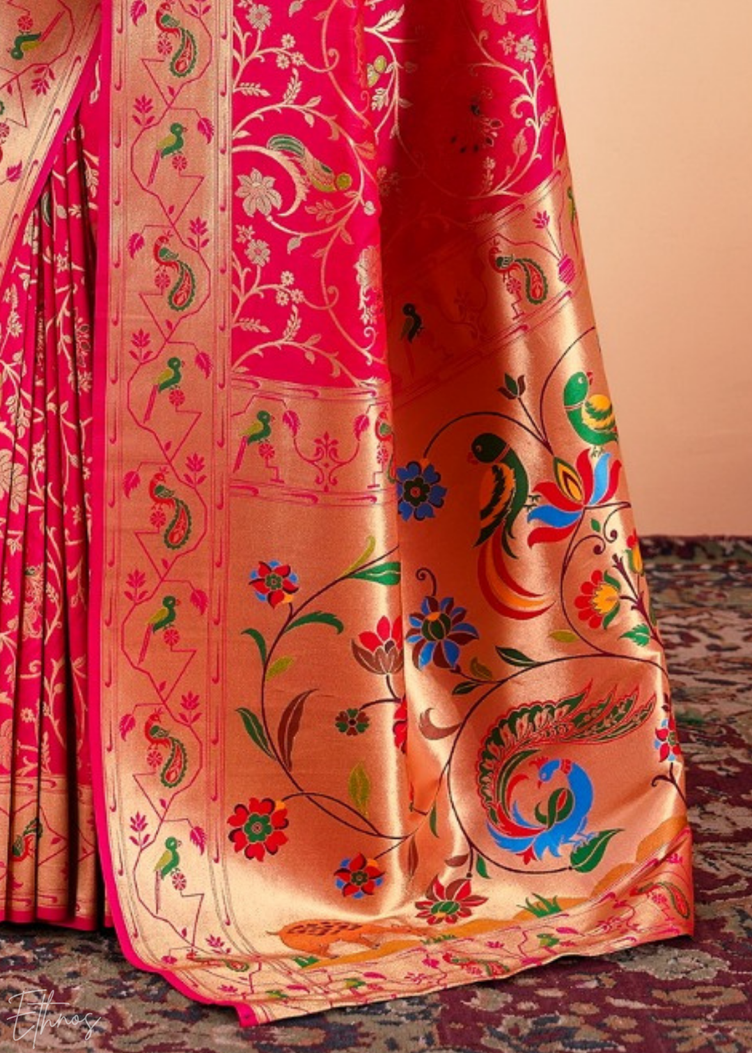 Rosewood Pink Menagerie Paithani Silk Saree