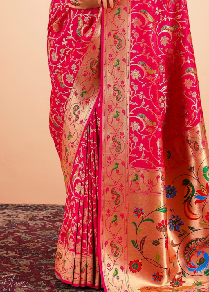 Rosewood Pink Menagerie Paithani Silk Saree