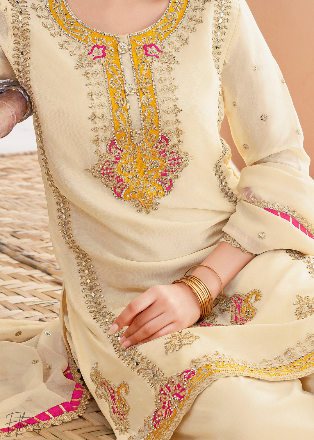 Cream Appliqué Chinon Palazzo Suit