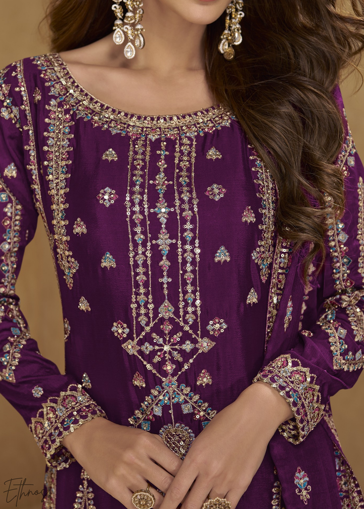 Imperial Wine Zari-Encrusted Chinon Palazzo Suit