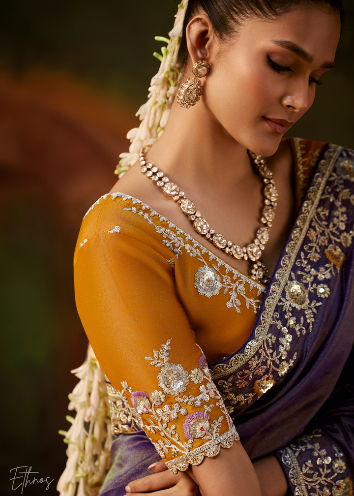 Royal Amethyst Tambour Embroidered Border Tissue Saree