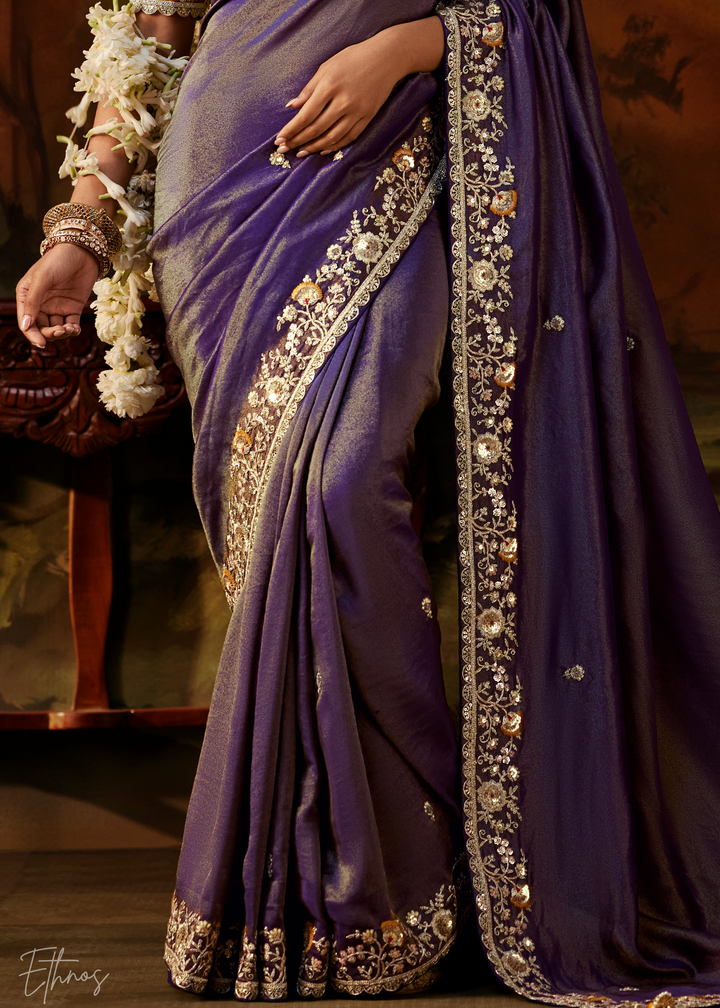 Royal Amethyst Tambour Embroidered Border Tissue Saree