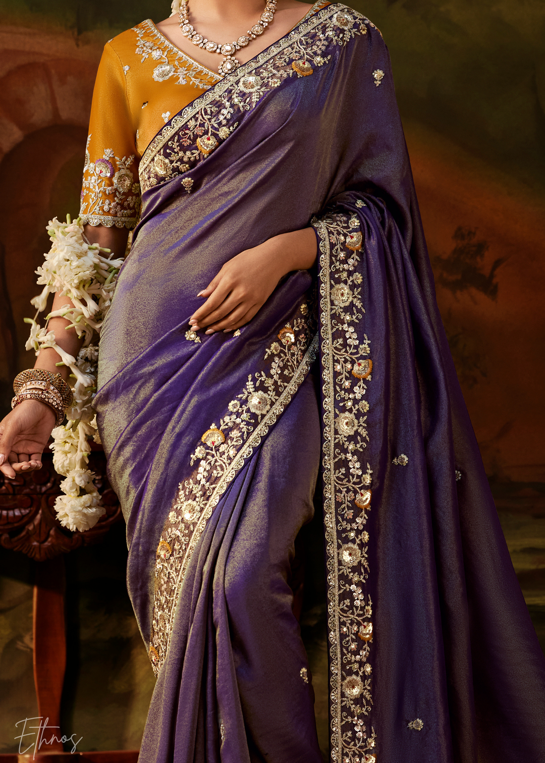 Royal Amethyst Tambour Embroidered Border Tissue Saree