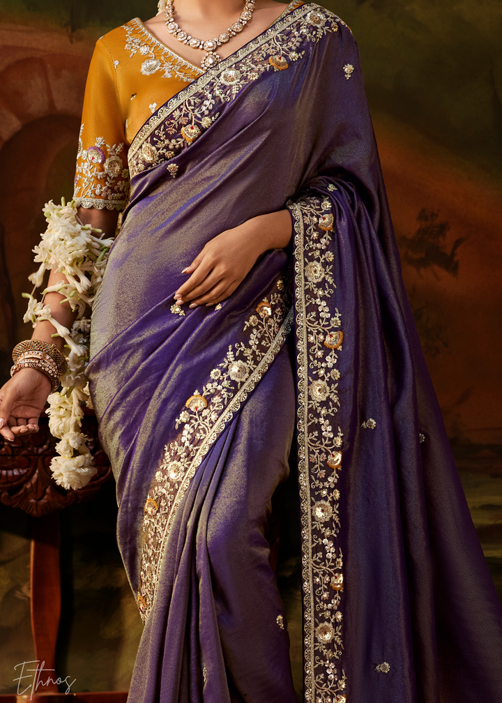Royal Amethyst Tambour Embroidered Border Tissue Saree
