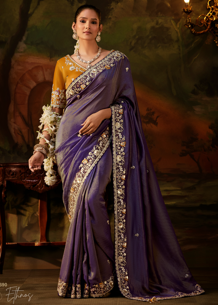 Royal Amethyst Tambour Embroidered Border Tissue Saree
