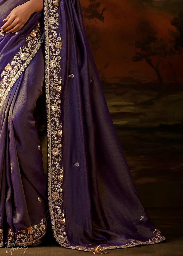 Royal Amethyst Tambour Embroidered Border Tissue Saree
