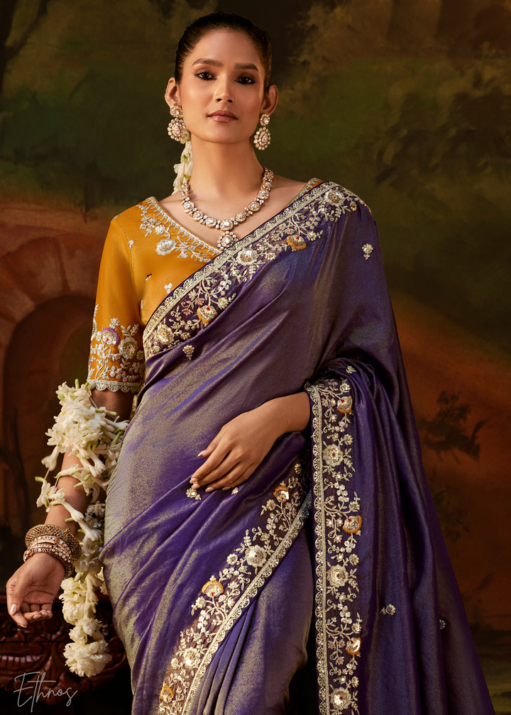 Royal Amethyst Tambour Embroidered Border Tissue Saree