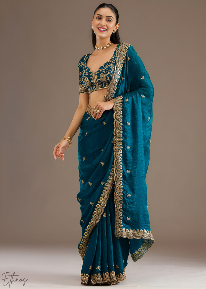 Royal Aquamarine Stellar Border Tissue Silk Saree