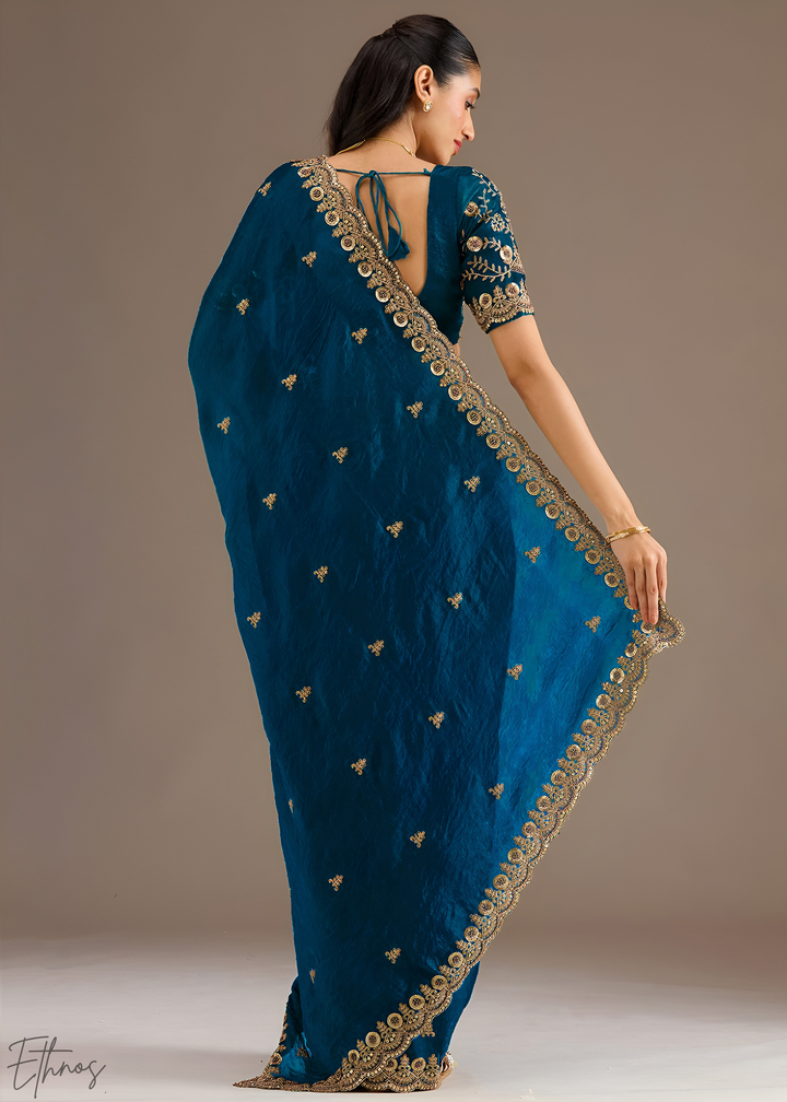 Royal Aquamarine Stellar Border Tissue Silk Saree