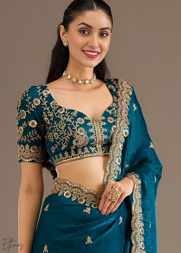 Royal Aquamarine Stellar Border Tissue Silk Saree