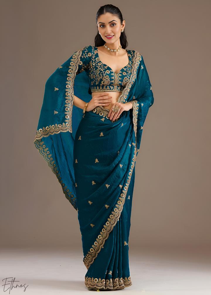 Royal Aquamarine Stellar Border Tissue Silk Saree