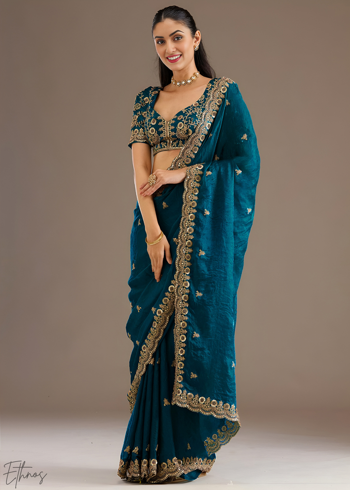 Royal Aquamarine Stellar Border Tissue Silk Saree