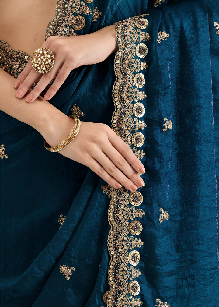 Royal Aquamarine Stellar Border Tissue Silk Saree