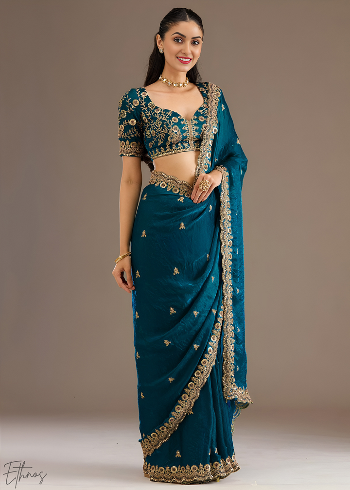 Royal Aquamarine Stellar Border Tissue Silk Saree