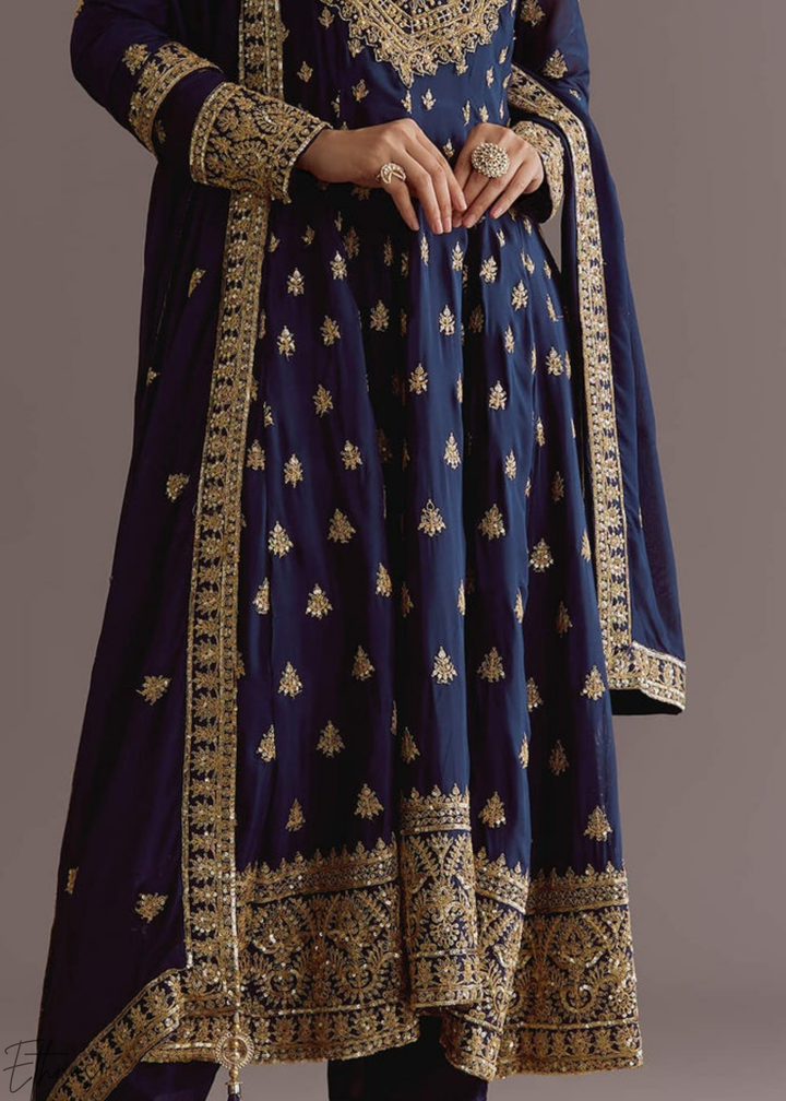 Royal Blue Chinnon Silk Anarkali Palazzo Suit