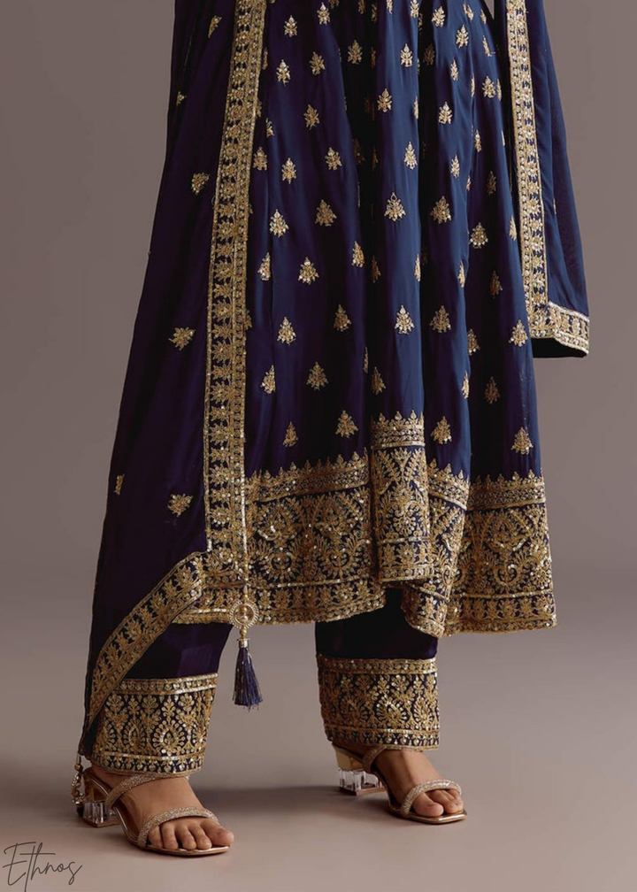 Royal Blue Chinnon Silk Anarkali Palazzo Suit