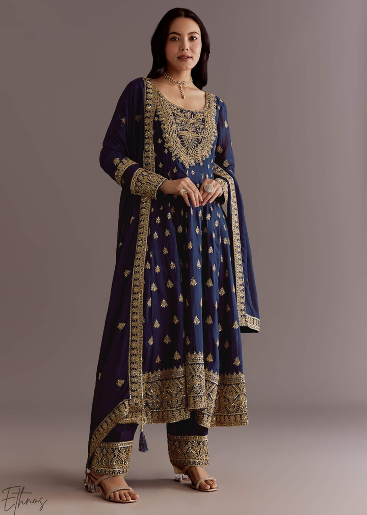Royal Blue Chinnon Silk Anarkali Palazzo Suit